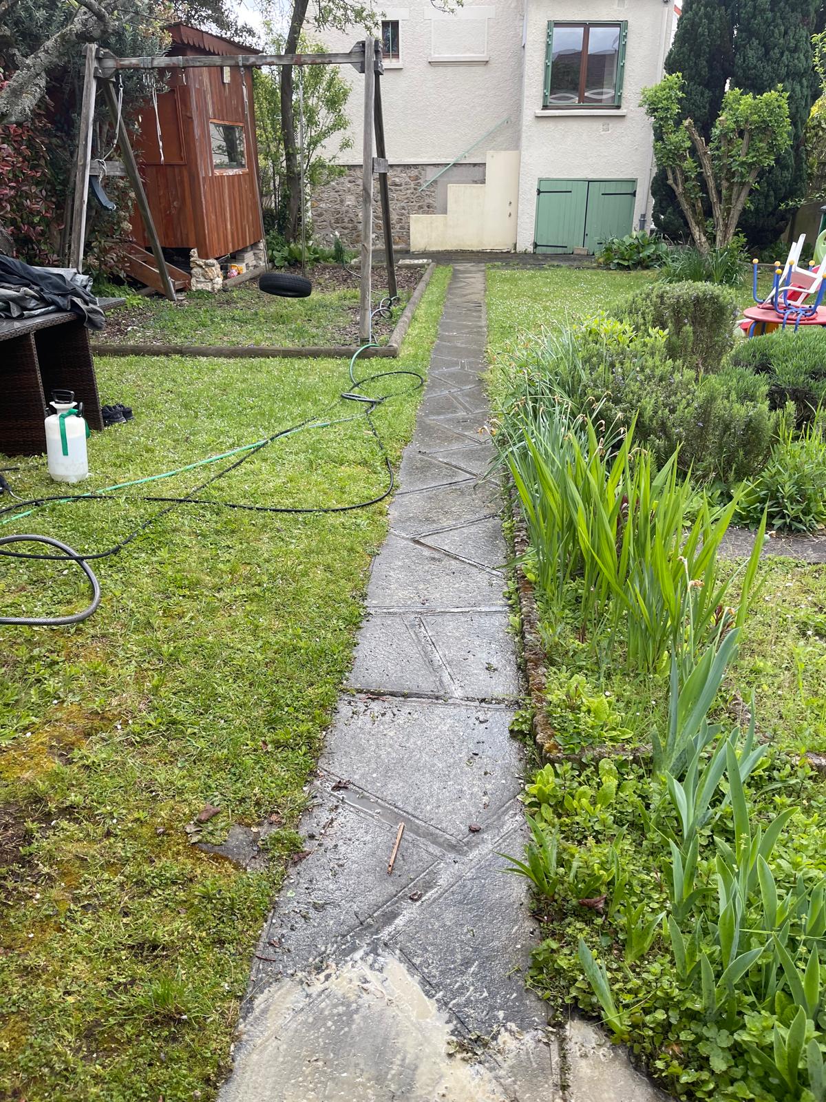 Allée dallée envahie de mousse avant nettoyage haute pression